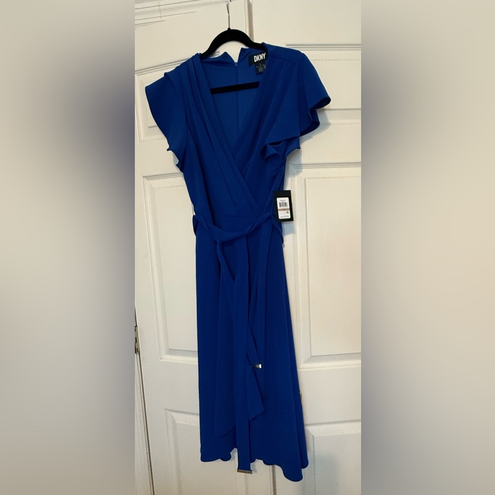 DKNY Blue V-Neck Wrap Midi Dress